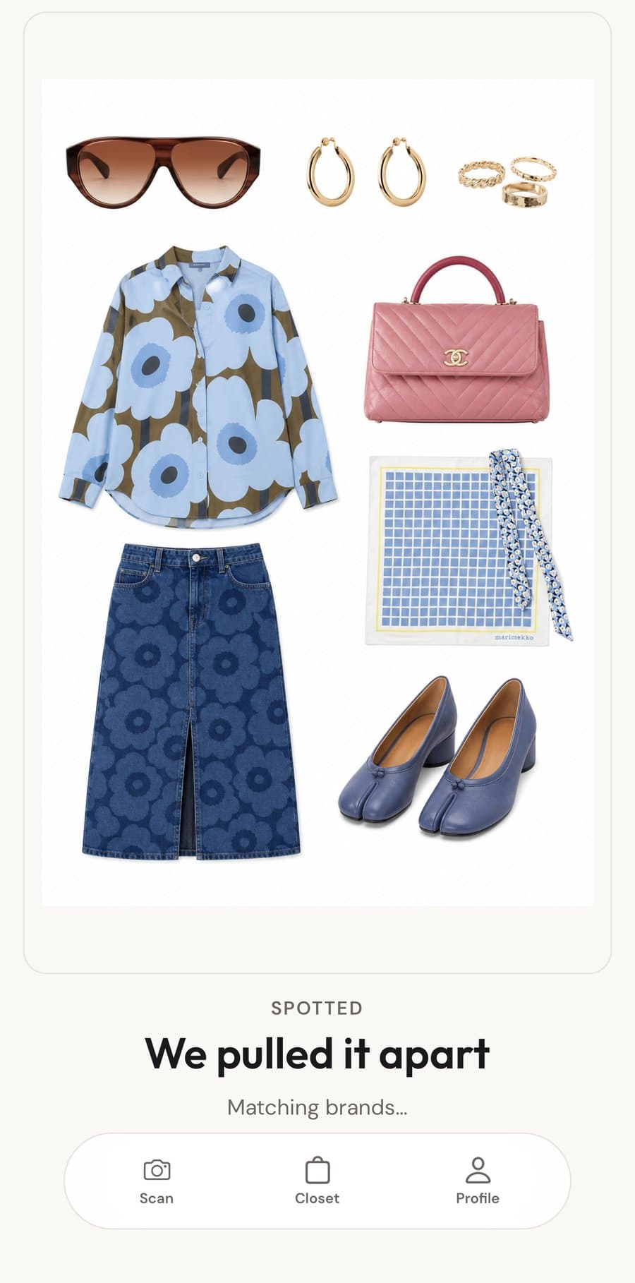 A generated flat-lay of the outfit: shirt, denim skirt, bag, scarf, shoes, jewellery