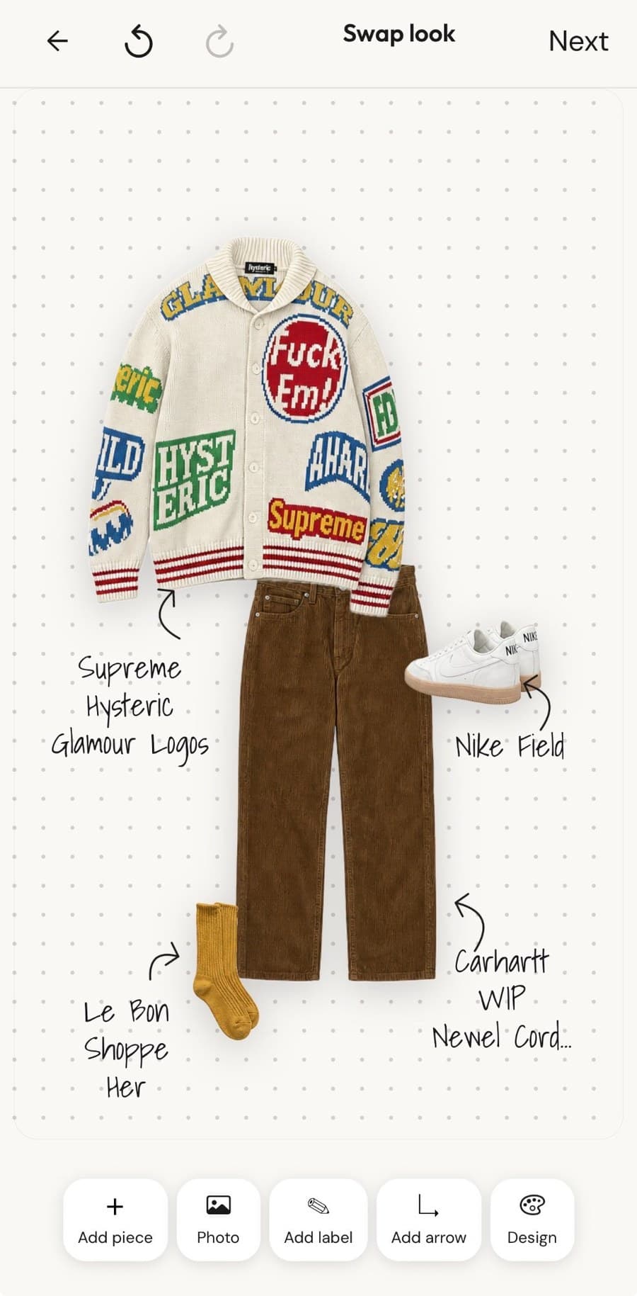 A board: cream Supreme x Hysteric Glamour logo cardigan, brown Carhartt corduroy trousers, white Nike trainers, mustard socks, each hand-labelled
