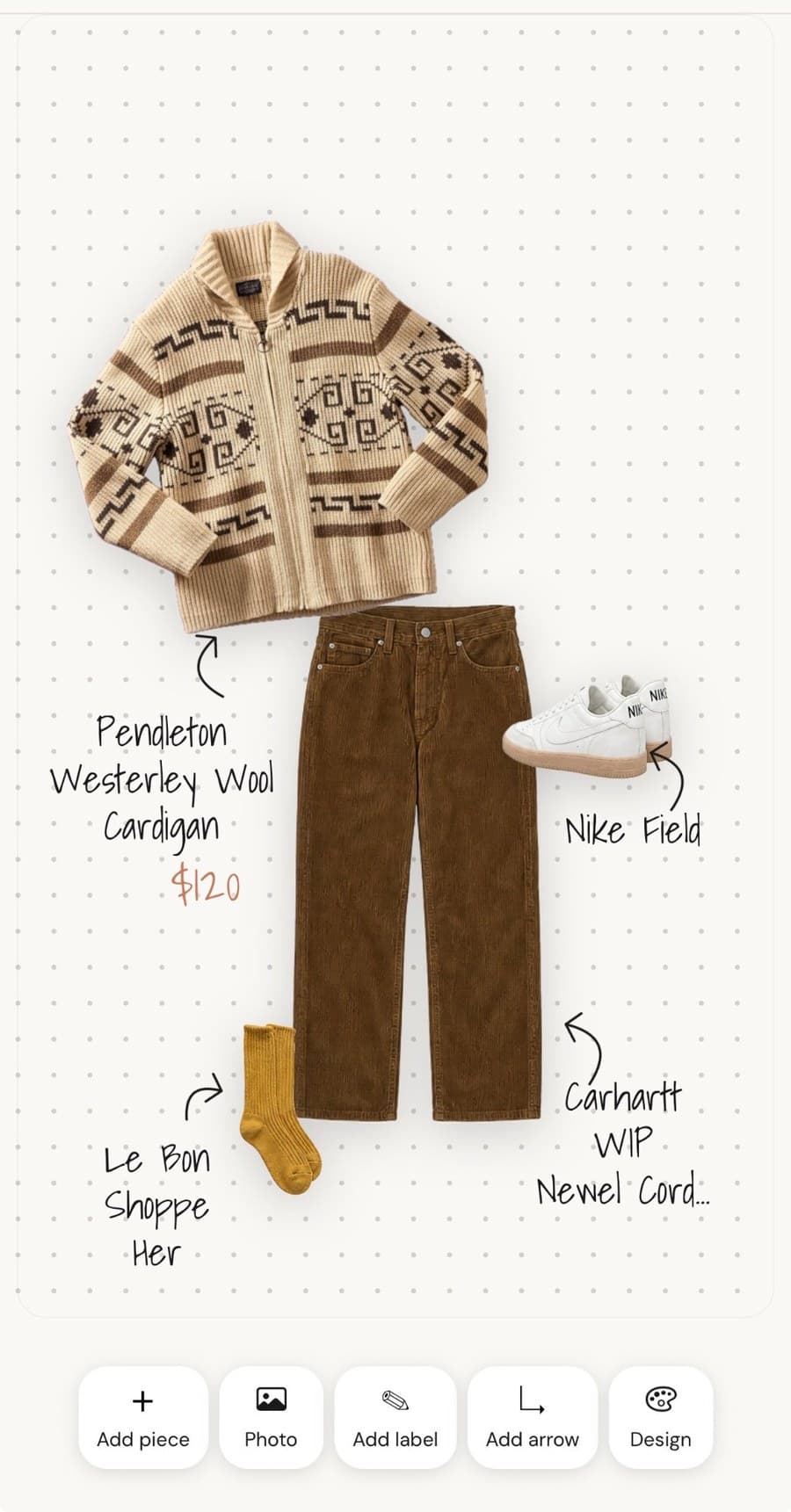 The same board with the cardigan replaced by a cream Pendleton Westerley wool cardigan labelled $120; trousers, trainers and socks unchanged